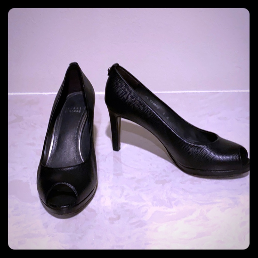 Stuart Weitzman Black Leather Peep Toe Pumps